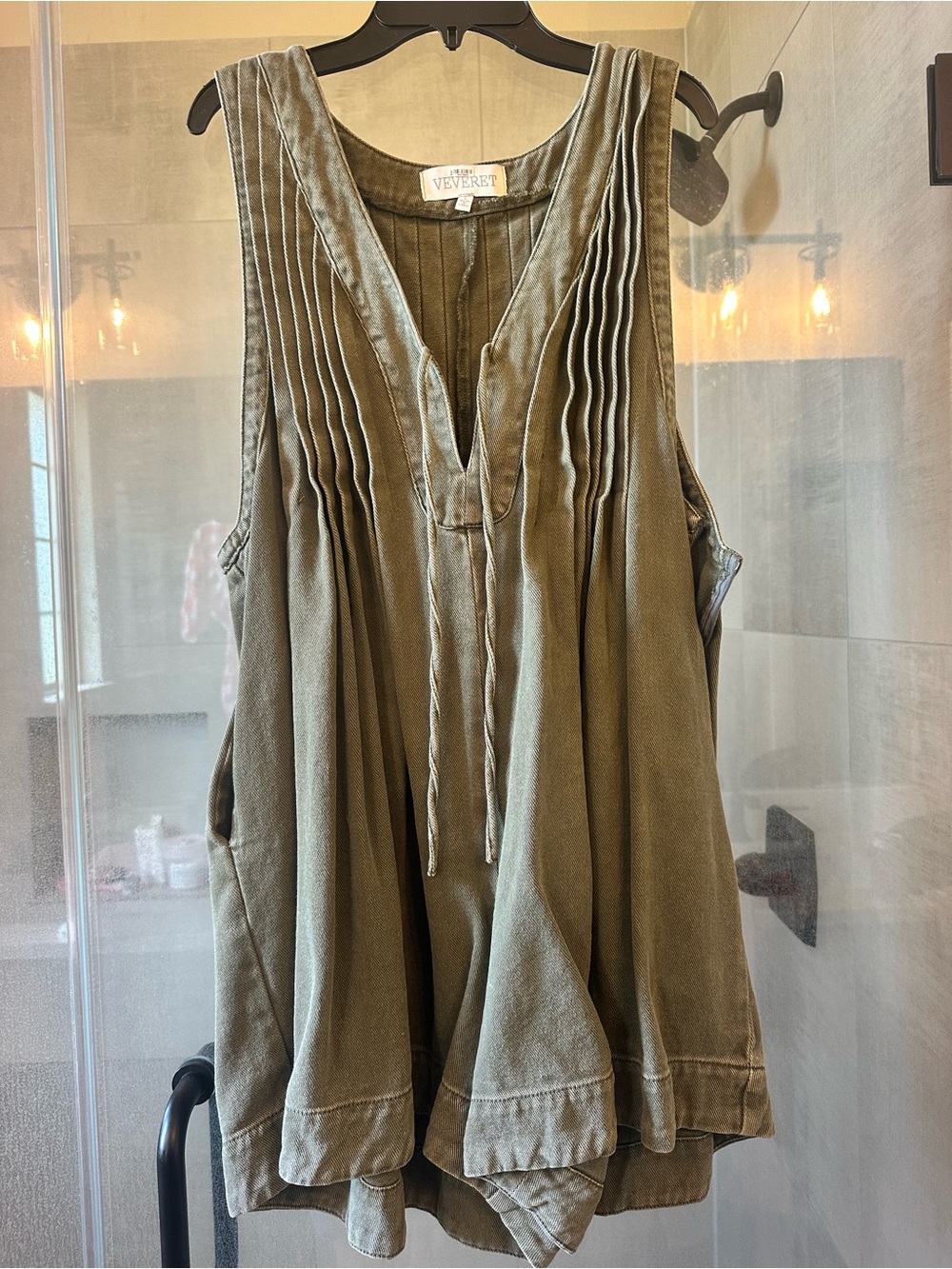 Olive Green Denim Romper w/ Pockets